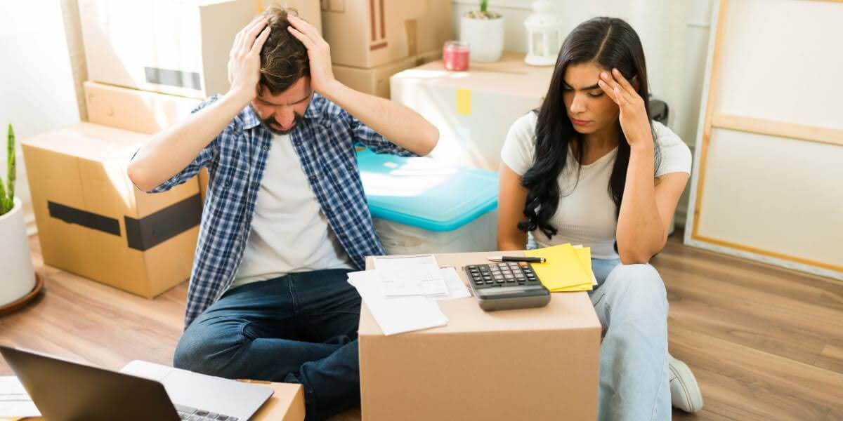 Couple stressed while calculating bills and moving expenses, wondering how much do movers cost during their relocation.