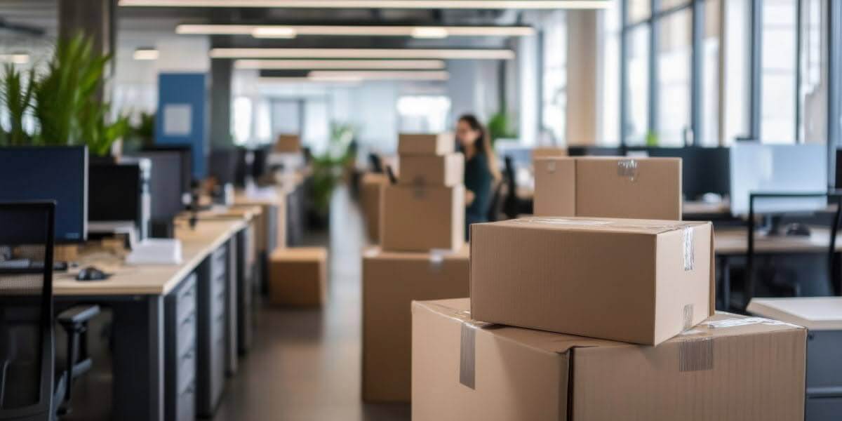 Cardboard boxes stacked in a modern office during office relocation, showing a workplace move in progress with desks and computers in background.