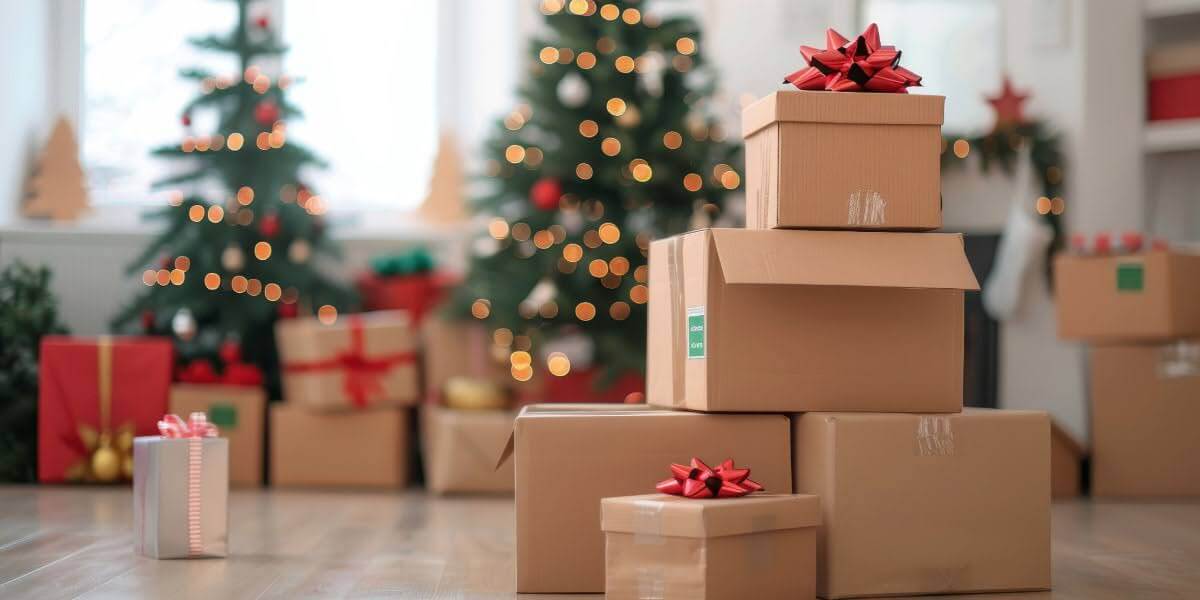 Cardboard boxes stacked with bows near a Christmas tree, symbolizing moving during the holidays in a festive home setting.